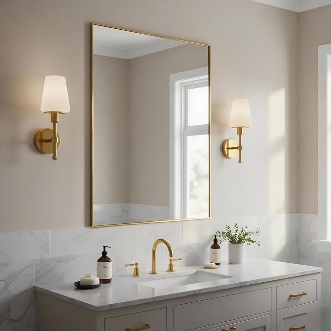 24x30 Inch Brass Bathroom Mirror for Wall, Aluminum Frame Rectangle Rectangular Vanity Mirror, Modern Large for Bedroom, Living Room, Horizontal or Vertical-StrideForce Fitness