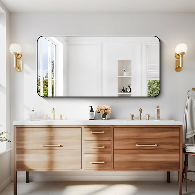 24" x 48"Bathroom Mirror, Matte Black Wall Mirror with Metal Frame, Decorative Rectangular Vanity Mirror for Bedroom Bathroom Living Room Entryway (Horizontal/Vertical)-StrideForce Fitness