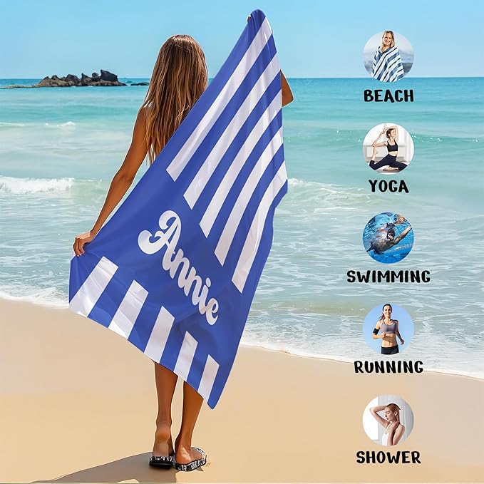 JML Personalized Beach Towel with Name, Custom Cabana Stripe Beach Towel, Customized Microfiber Pool Towel, Quick Dry & Absorbent Swim Towel for Adult,Mother's Day, Birthday, Summer Holiday,Vacation-StrideForce Fitness