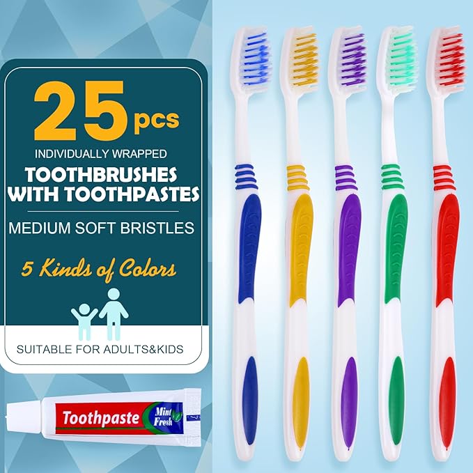 Navona 25 PCS Disposable Toothbrush with Toothpaste Bulk, Travel Toothpaste, Bulk Toothpastes, Individually Wrapped Bulk Toothbrush, Ergonomics Handle,Medium Soft Bristle, Perfect for Travel, Hotel