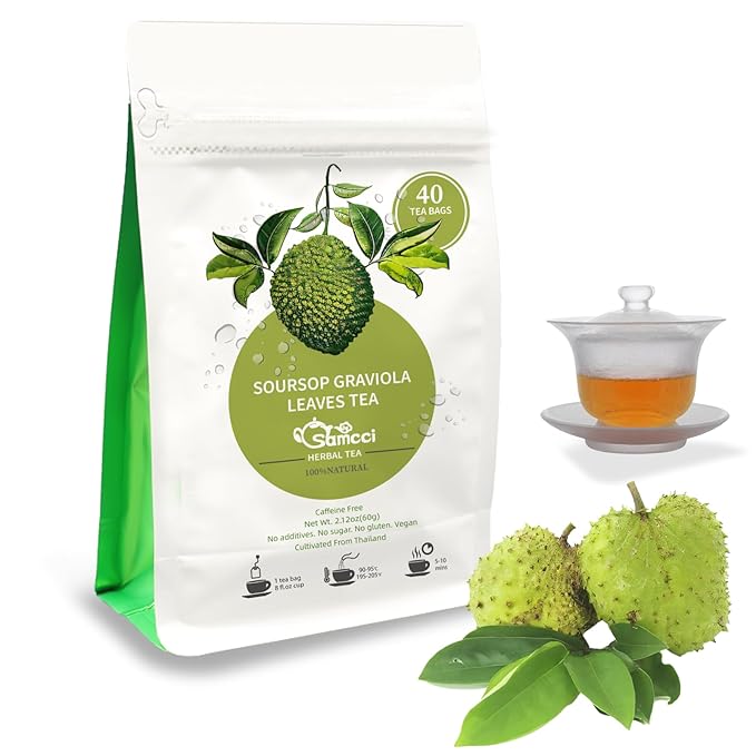 Samcci - Soursop Leaves Tea Bags, 40Teabags, 1.5g/bag, 100% Pure Sour Sop Graviola leaves Tea - Hojas De Guanabana Tea - Improve Digestion - Promotes Skin Health - Non-GMO - Caffeine-Free-StrideForce Fitness