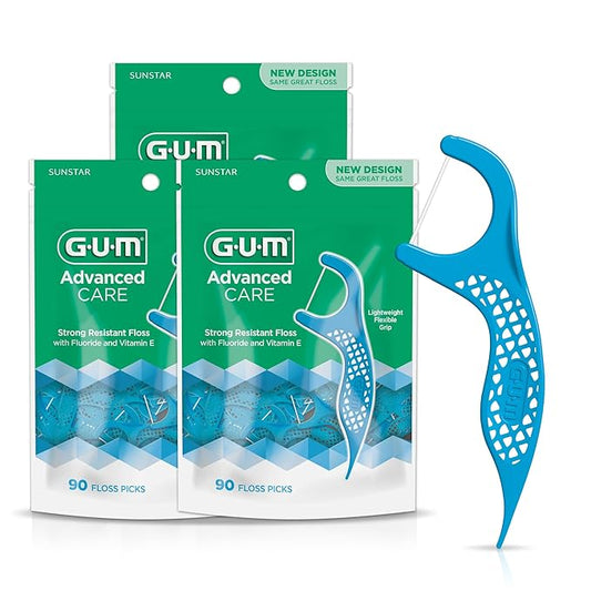 GUM Advanced Care Floss Picks - Dental Flossers for Adults with Vitamin E and Fluoride - Extra Strong Shred-Resistant Dental Floss, Easy Grip Handle, Fresh Mint Flavor, 90 Count (Pack of 3)