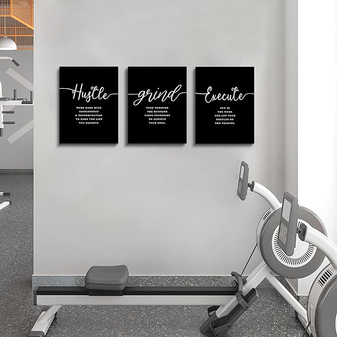 Office Decor - Hustle Quotes Execute Prints, Framed Canvas Wall Art Grind Quote, Office Wall Art, Black Large Poster, Positive MotivationalPrints, Inspirational Print (F-3pcs,12x16inchx3pcs)-StrideForce Fitness