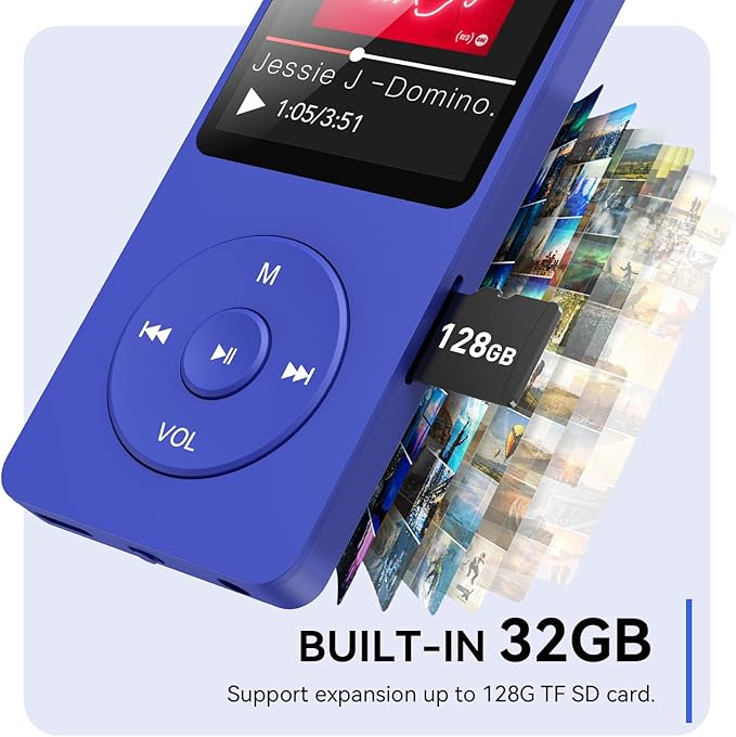 AGPTEK A02 MP3 Player with Bluetooth 5.3, 1.8 inch Screen Portable Music Player with Speaker, FM Radio, Voice Recorder, Supports Expanded Up to 128GB(Blue, 32GB)-StrideForce Fitness