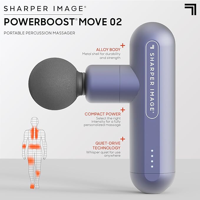 Sharper Image Powerboost Move 2.0 - Mini Percussion Massage Gun| 4 Attachments, 4 Speeds| Portable Full Body Back & Shoulder Massager| Muscle Recovery & Pain Relief| Deep Tissue Massage Tool Gift