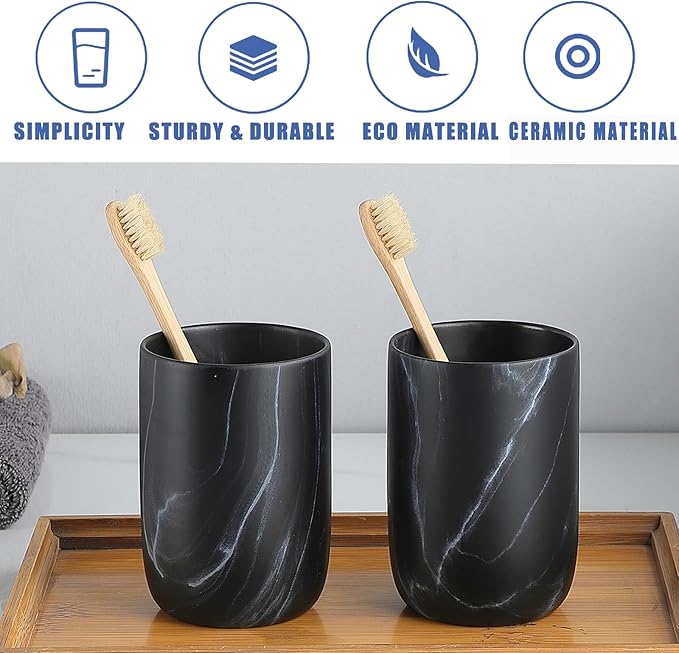 Black Marble Toothbrush Holder - Ceramic Toothbrush Holders for Bathrooms Toothbrush Toothpaste Holders Set, Black Bathroom Tumbler Cups Reusable Toothbrush Mouthwash Cup, Bathroom Counter Organizer.