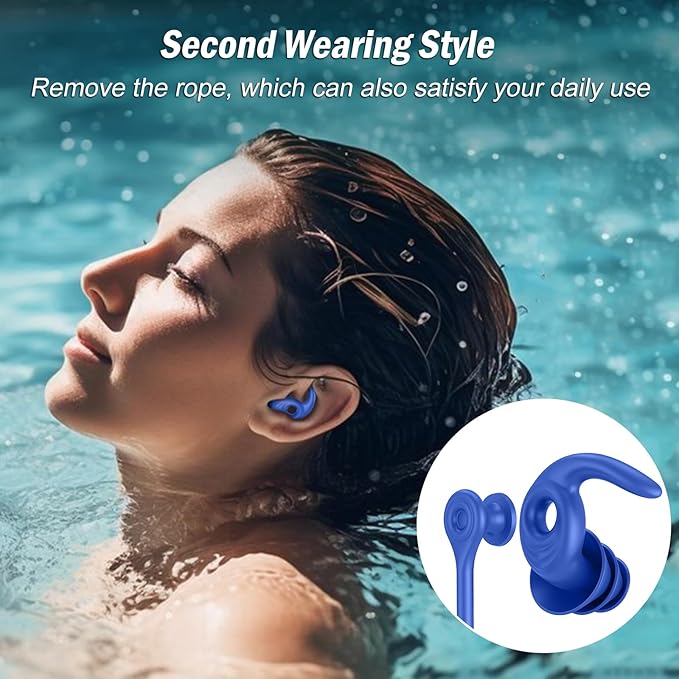 Swimming Ear Plugs for Adults, 4 Pairs Waterproof Reusable Silicone Swim Earplugs with Removable Cord, Perfect for Swimming, Showering, Surfing and Other Water Sports - Two Wearing Styles-StrideForce Fitness