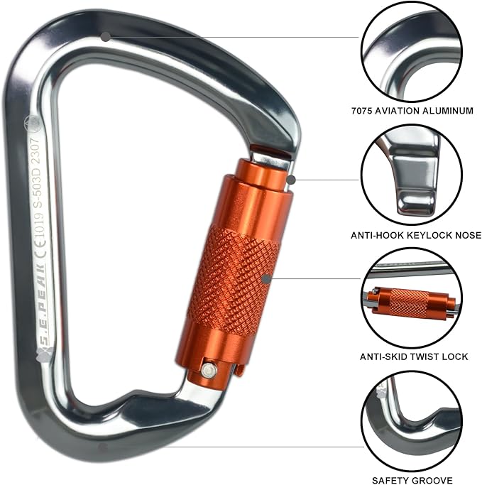 SEPEAK UIAA 30kN Climbing Carabiner Clips, Professional Heavy Duty Twist Locking Carabiners for Climbing,Mountaineering, Rappelling, Camping, Hiking, Swings, Large D Ring Hooks-StrideForce Fitness