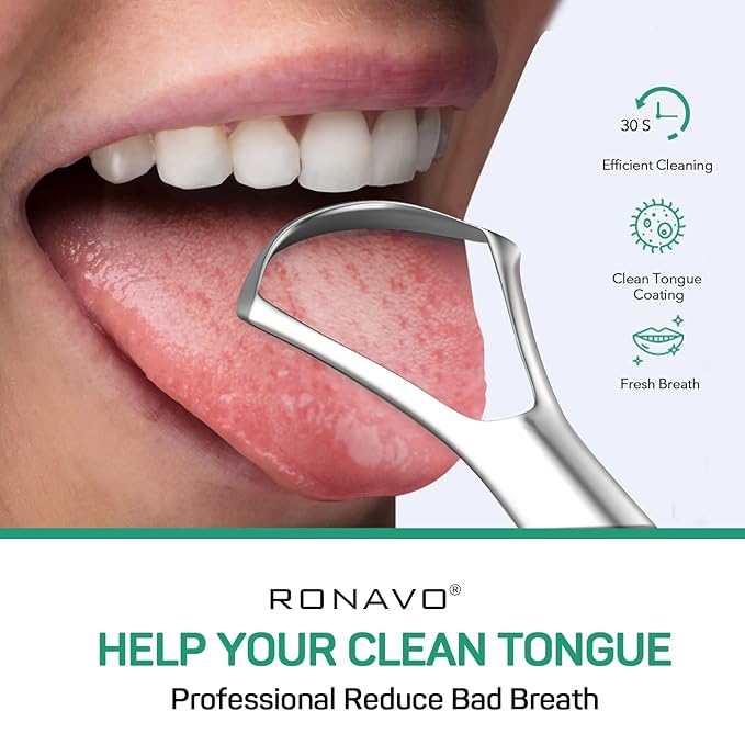RONAVO Tongue Scraper Cleaner for Adults and Kids, Oral Hygiene, Oral Health, Improve Taste, No Smell, No Rust, 2 Colors (4 Pack)