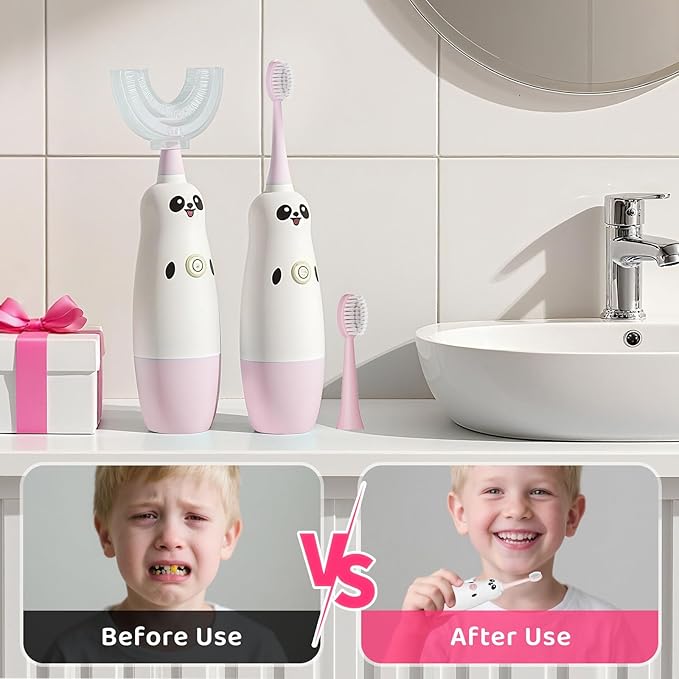 Kids U-Shaped Electric Toothbrush with 2 Brush Heads, Toddlers Sonic with 360 Degree Cleaning, Soft Bristles, Battery Included, IPX7 Waterproof, Cute cartoon for Girls and Boys,Ages 2-7 (Pink)