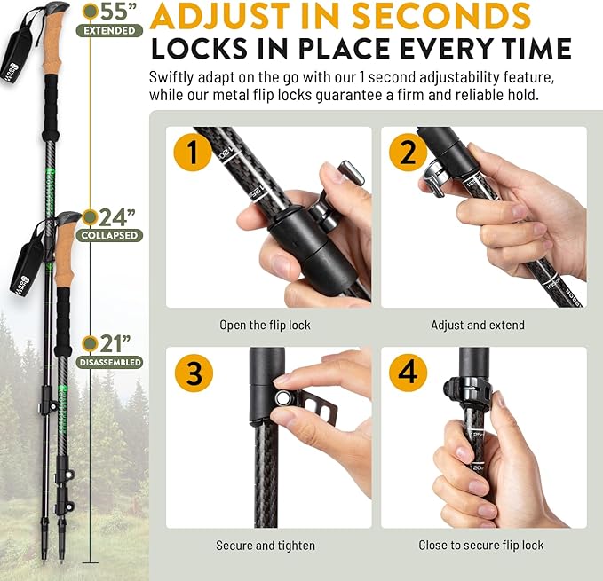 100% Carbon Fiber Trekking Poles by USA Brand - Ultra Strong Lightweight Collapsible Hiking Poles with Cork and EVA Foam Grips & Quick Adjustable Flip Locks-StrideForce Fitness