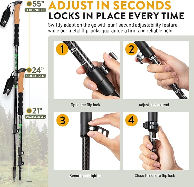 100% Carbon Fiber Trekking Poles by USA Brand - Ultra Strong Lightweight Collapsible Hiking Poles with Cork and EVA Foam Grips & Quick Adjustable Flip Locks-StrideForce Fitness