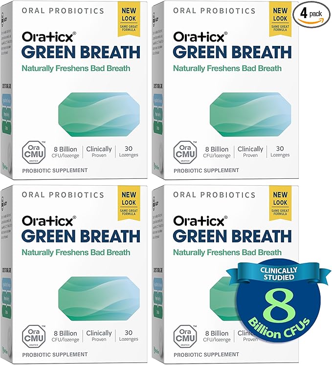 OraTicx Oral Probiotics Green Breath, Freshen Bad Breath, Dental Probiotic Supplement for Oral Health, 8 Billion CFU, Mint Flavor 30 Lozenges 4-Pack