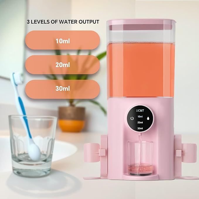 J.C&T Automatic Mouthwash Dispenser for Bathroom,22 FlOz Dispensers with Magnetic Cups,Toothbrush Holders Wall Mounted Adjustable Dispensing Levels,Suitable for All Age Groups,Pink