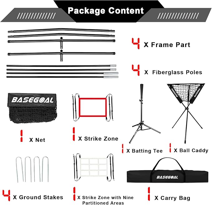 7'×7' Baseball Softball Practice Net,Baseball Backstop,with Batting Tee,Ball Caddy,for Hitting Pitching Batting Catching with Bow Frame,Bonus Strike Zone,Portable and Foldable-StrideForce Fitness