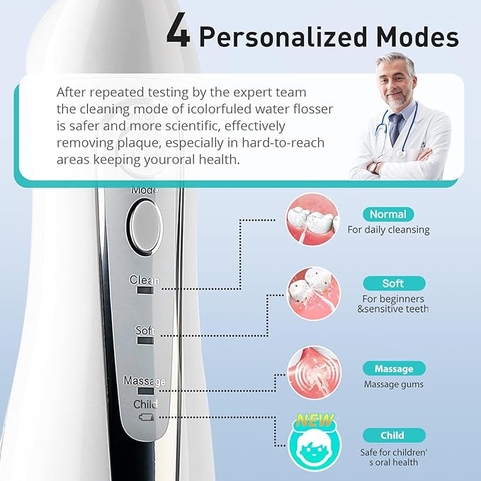 COSLUS Water Flosser Dental Pick: 300ML Oral Irrigator for Teeth Cleaning, Orthodontic, Braces & Sensitive Gums, Cordless Portable for Travel, IPX7 Waterproof, for Adults Teens Family Use, Pure White