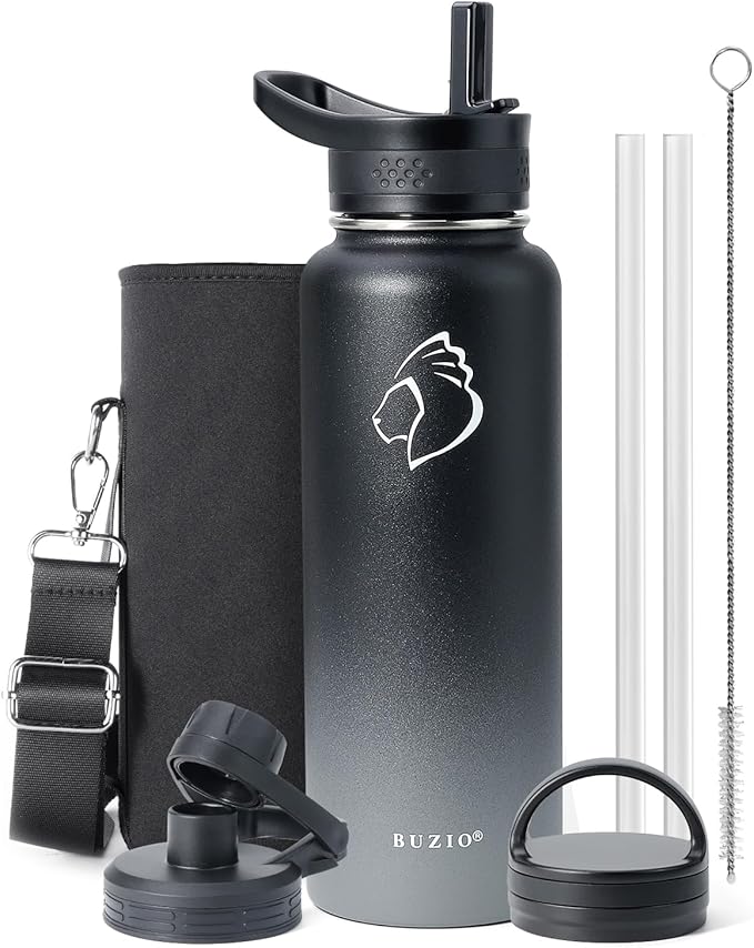 BUZIO 40 oz Water Bottle Insulated with Straw & 3 lid and Carrying Pouch, Leak Proof Anti-Slip Stainless Steel Water Flask Jug, Cold for 48 Hrs Double Vacuum Thermo Canteen, BPA-Free, Shadow-StrideForce Fitness