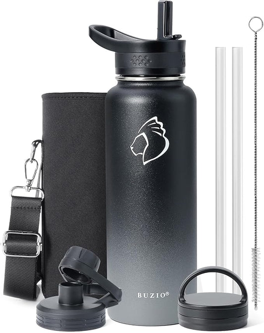 BUZIO 40 oz Water Bottle Insulated with Straw & 3 lid and Carrying Pouch, Leak Proof Anti-Slip Stainless Steel Water Flask Jug, Cold for 48 Hrs Double Vacuum Thermo Canteen, BPA-Free, Shadow-StrideForce Fitness