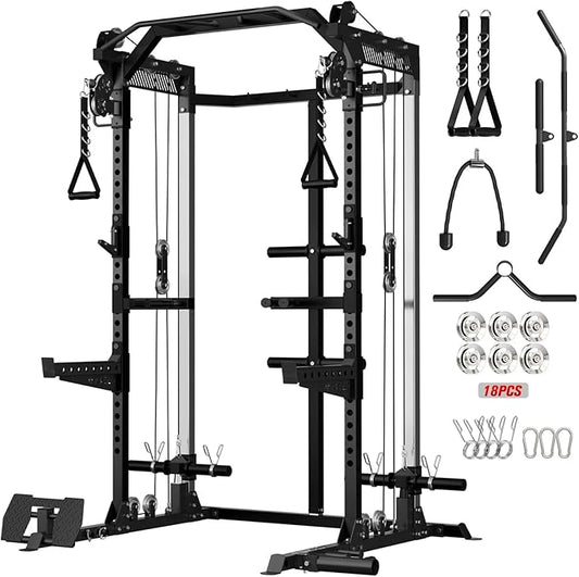 Mikolo Power Cage, 2000LB Power Rack with Independent Dual Pulley System, Multi-Function Home Gym Workout Machine for Cable Crossover-StrideForce Fitness