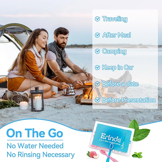 Erinde 5 in 1 Mini Disposable Toothbrushes with Toothpaste + Tongue Scraper + Picks + Floss Travel Case, Prepasted Travel Toothbrushes Pick for Work or Travel, Soft Brushes, 12 Count (Mint & Peach)