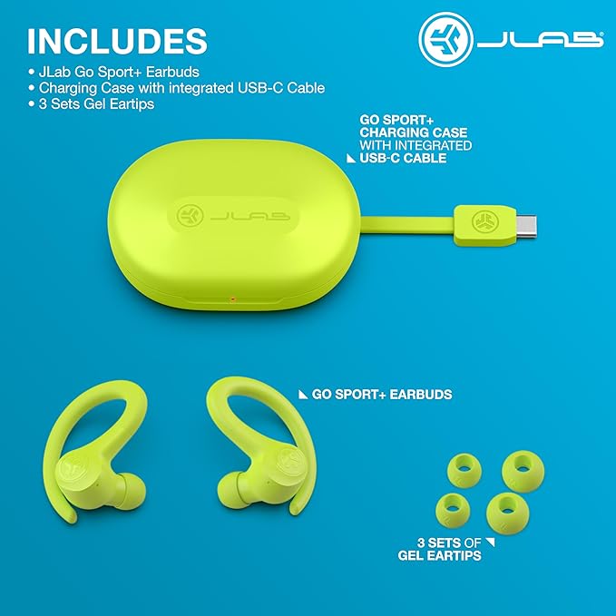 JLab Go Sport+ Wireless Workout Earbuds Featuring C3 Clear Calling, Secure Earhook Sport Design, 35+ Hour Bluetooth Playtime, and 3 EQ Sound Settings (Yellow)-StrideForce Fitness