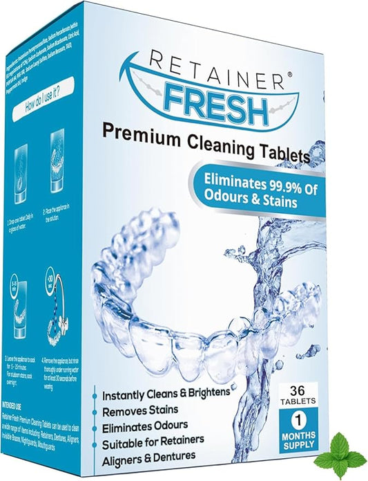 Retainer Cleaner Tablets - 36 Tablets 1 Month Retainer Fresh - Retainer Cleaning Tablets, Mouth Guard Cleaner, Denture Cleaner, Aligner Cleaner, Brite Retainer Tablets