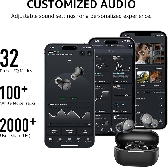 TOZO A1 Wireless Earbuds Bluetooth 5.3 Light Weight in Ear IPX5 Waterproof Headphones 2 Mic for AI Calls, Immersive Premium Sound Bass Headset with Charging Case, 32 Presets EQ Customization via App-StrideForce Fitness