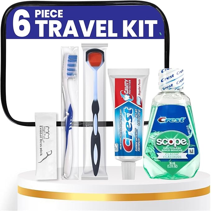 Trektote Travel Toothbrush and Toothpaste Set - (5 Pack) 6 Piece Dental Care Kit, TSA Compliant, Includes Toothpaste, Toothbrush, Mouthwash, Flosses and Premium Toiletry Bag