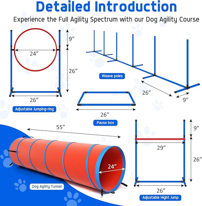 Dog Agility Course Backyard Set Dog Agility Equipment Obstacle Course Backyard Includes Adjustable High Hurdle,6 Weave Poles,Extended Tunnel,Jump Ring,Square Pause Box,2 Balls,Whistle,2 Carrying Bags-StrideForce Fitness
