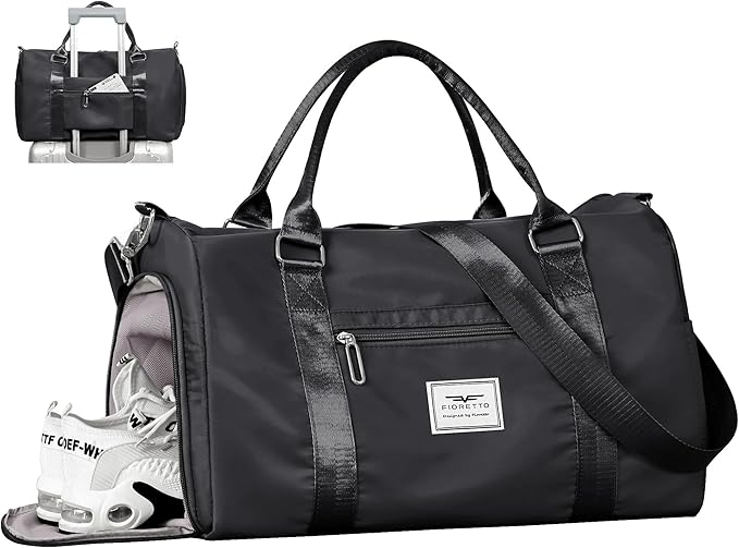FIORETTO Womens Gym Tote Duffle Bag with Wet Pocket & Shoe Compartment, Sports Duffel Overnight Weekender Hospital Workout Carry on Bag for Girls, Ideal for Travel, Swimming, Dance, Ballet Black-StrideForce Fitness