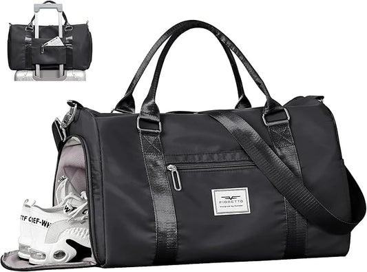 FIORETTO Womens Gym Tote Duffle Bag with Wet Pocket & Shoe Compartment, Sports Duffel Overnight Weekender Hospital Workout Carry on Bag for Girls, Ideal for Travel, Swimming, Dance, Ballet Black-StrideForce Fitness