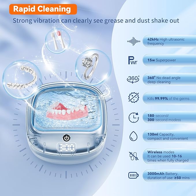 Ultrasonic Retainer Cleaner, 45kHz Dental Cleaning Pod for Dentures, Aligners, Night Guards & Jewelry, 150ML Denture Cleaner 2 Timed Modes & Travel Design (Black, 130ML Ultrasonic Machine)