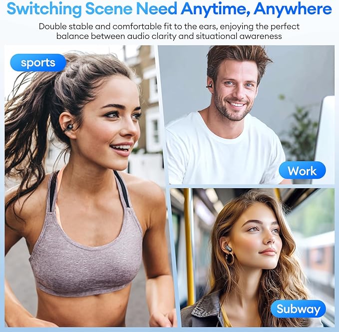 2 in 1 Clip on Open Ear Headphones Wireless Earbuds, 0 Delay Bluetooth 6.0, Ultra-Long 140H Play, Auto L-R Recognition Touch Control, Hybrid Noise Reduction for Work Fitness Daily Use, Ctbuds Black-StrideForce Fitness