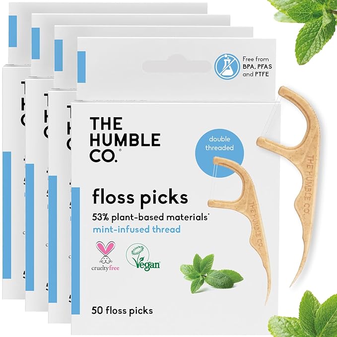 The Humble Co Dental Floss Picks for Teeth, 200 Count (Mint) - Double Thread Tooth Picks Flossers for Adults Gum Health - Toothpick Floss for Interdental Oral Care & Hygiene