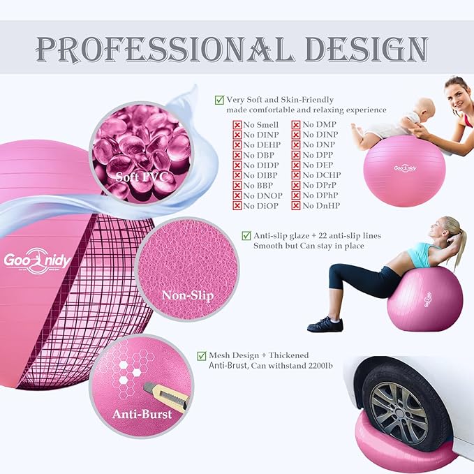 Soft Exercise ball, Anti-Burst Yoga Ball Chair Supports 2200lbs, Workout Equipment w/ Pump for Women Pregnancy, Medicine, Birthing, Physical Therapy, Stability, Excersing, Birth, Swiss, Fitness, Gym-StrideForce Fitness