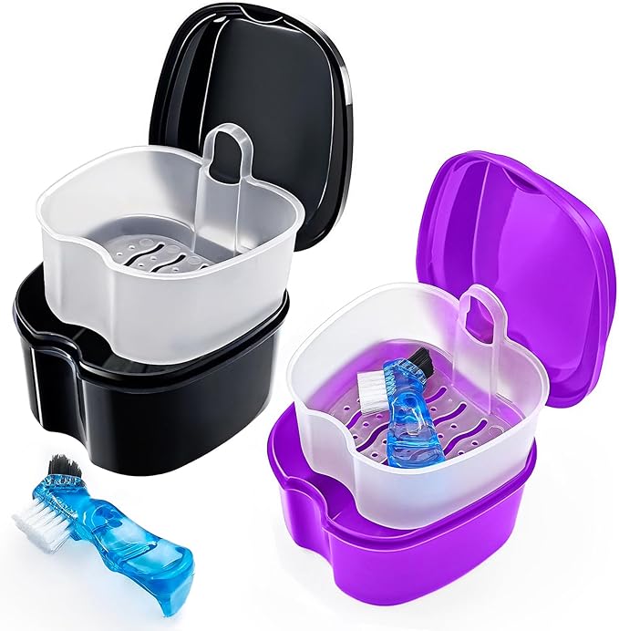 2 Pack Travel Denture Bath Case Set Orthodontic Dental Box Case with Brush, Denture Soaking Cup False Teeth Retainer Container for Clear Braces, Mouth Guard, Night Guard