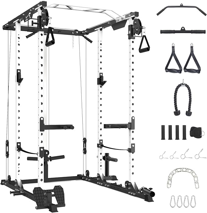 GaveeLife Power Cage, 2000 LBS Power Rack with Cable Cross-Over System, Multi-Functional Strength Training Squat Rack with LAT Pull Down System, Home Gym Equipment with Training Attachment, Red-StrideForce Fitness