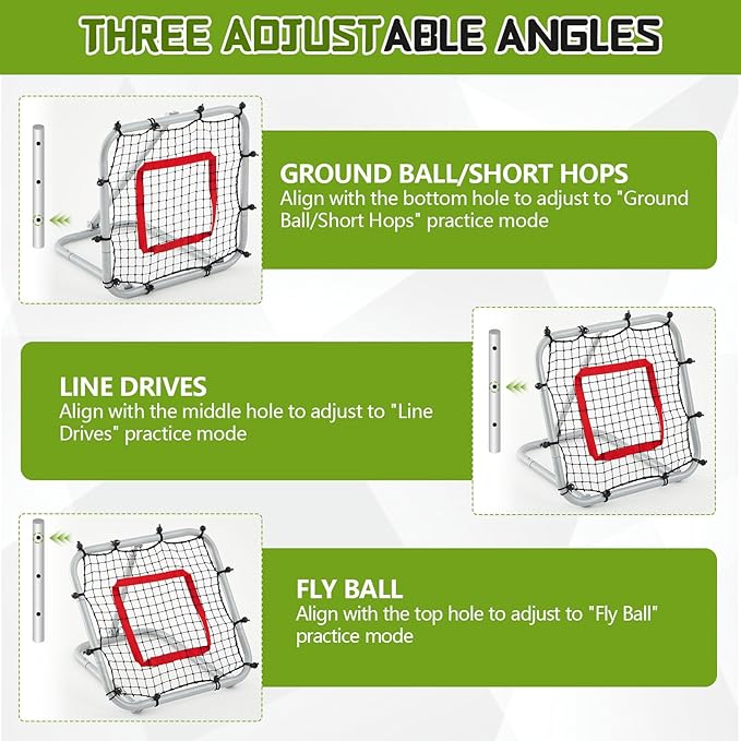 3' x 3'/1.67' x 1.67' Pro Portable Baseball and Softball Rebounder Adjustable Heavy Duty Pitch-Back Net with Bag Strap Fielding Trainer Net 3 Angles Ground Balls Line Drives Pop Flies-StrideForce Fitness