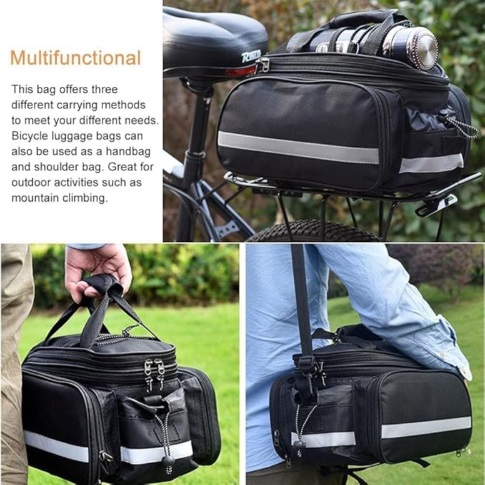 Bike Rear Rack Bag,10-25L Bicycle Trunk Bag with Rain Cover, Pannier Bike Bag with 2 Side Foldable Panniers, with Reflective Strips and Shoulder Strap, for Shopping,Cycling,Trip (Black)-StrideForce Fitness