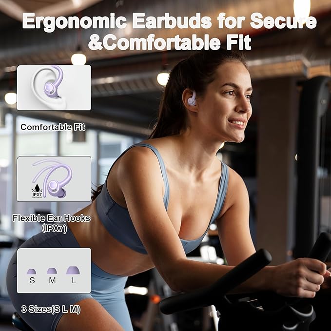 Wireless Earbuds Bluetooth 5.3 Headphones Sports, 48Hrs Playtime Bluetooth Earbuds with CVC 8.0 Mic, Stereo Bass Over Ear Bud with Earhooks, LED Display, IP7 Waterproof Earphon for Running Purple-StrideForce Fitness