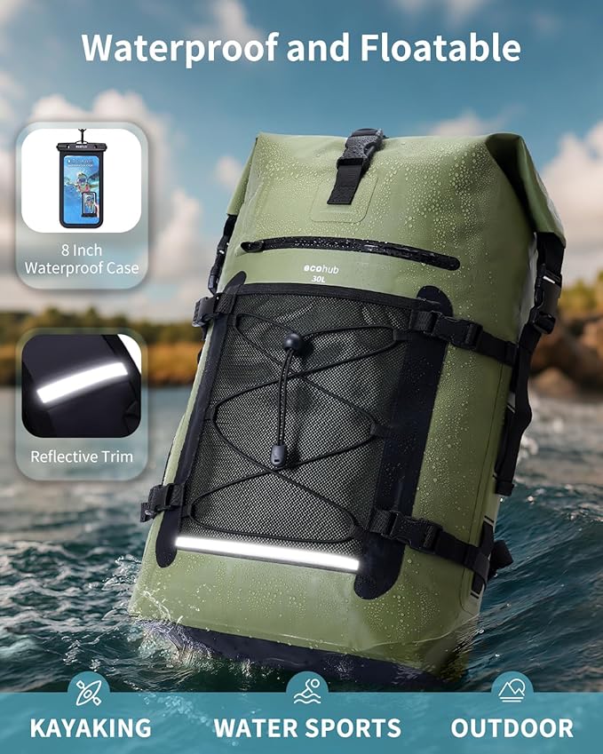 ECOHUB Waterproof Backpack for Women Men, 30L Roll-Top Closure Heavy Duty Dry Bag for Travel with IPX8 Waterproof Phone Case-StrideForce Fitness