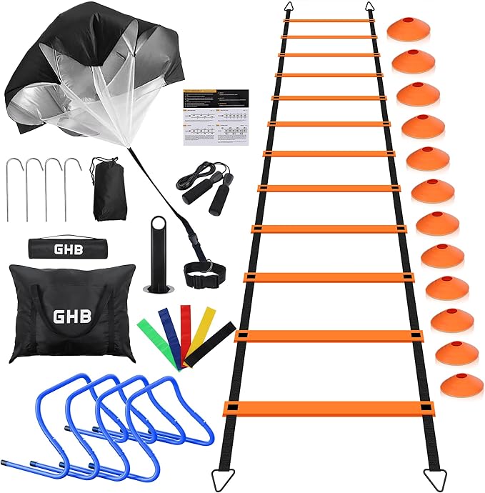 GHB Agility Ladder,Football Training Equipment Set,4 Agility Hurdles, 20 feet12 Rungs Speed Ladder,12 Disc Cones,Resistance Parachute, Jump Rope, 5 Resistance Bands-StrideForce Fitness