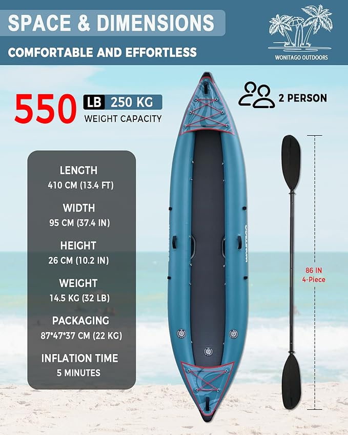 PVC Inflatable Kayak with Drop Stitch Floor, Recreational Touring Kayak with Kayak Paddle, Hand Pump and Carrying Bag, 1-2 Person-StrideForce Fitness