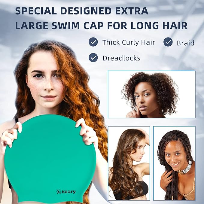 Keary Extra Large Swim Cap for Braids and Dreadlocks Extensions Weaves Long Hair, Waterproof Silicone Cover Ear Bath Pool Shower Swimming Cap for Adult Youth to Keep Hair Dry, Easy to Put On and Off-StrideForce Fitness