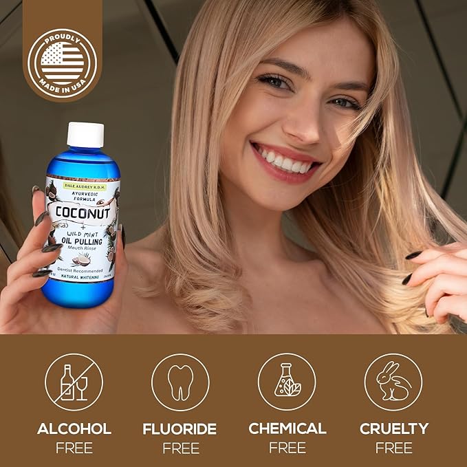 Dale Audrey Coconut Pulling Oil for Teeth and Gums with Stainless Steel Tongue Scraper | CocoMint Oil Pulling Mouthwash, Ayurvedic Alcohol-Free Teeth Whitening Mouthwash for Gums & Bad Breath- 8 FL Oz