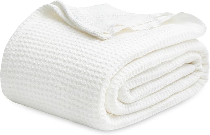Bedsure 100% Cotton Blanket King Size for Bed - Breathable and Soft, Waffle Weave Blanket for Summer, Thick Cozy Fall Blankets for Women Gift, White, 104x90 inches-StrideForce Fitness