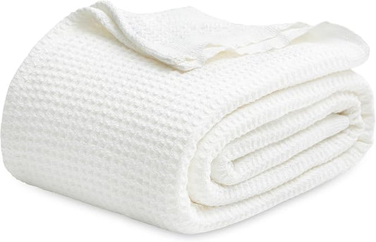 Bedsure 100% Cotton Blanket King Size for Bed - Breathable and Soft, Waffle Weave Blanket for Summer, Thick Cozy Fall Blankets for Women Gift, White, 104x90 inches-StrideForce Fitness