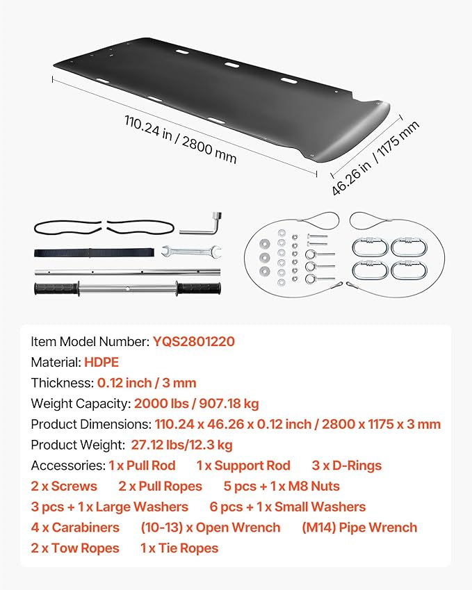 VEVOR Yard Drag Sled, 110 x 46 in, 2000lbs Heavy Duty Utility Sled, HDPE Drag Glider with Ropes & Pull Cable, Dual Use Game Hauler for Firewood Ice Fishing, Compatible with ATVs UTVs Tractors-StrideForce Fitness