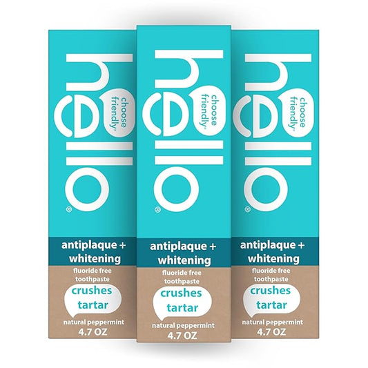 hello Antiplaque and Whitening Fluoride Free Toothpaste, Whitening Toothpaste with Coconut Oil and Tea Tree Oil, Helps Whiten Teeth, Natural Peppermint, 3 Pack, 4.7 Oz Tubes