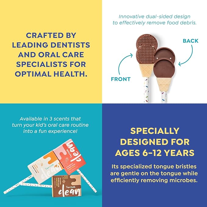 SuperMouth® Double Scoop Kids Tongue Scraper – Dual-Sided Brush & Scraper Removes Odor-Causing Buildup, Fights Bad Breath, Easy-Grip Ice Cream Design, 3 Yummy Scents, Ages 6-12, Essential Oral Care